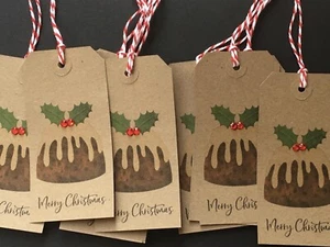 10 Large Kraft Embellished Christmas Pudding Gift Tag Labels - Picture 1 of 1