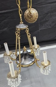 Antique Vintage French Empire Brass 4 Arm Chandelier Crystal Prism  - Picture 1 of 8