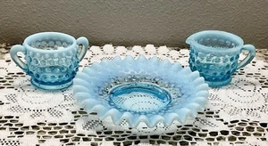Vintage Fenton Blue Opalescent Hobnail Sugar, Cream And Small 6” Ruffled Plate - Picture 1 of 6