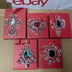 Lenox Set of 5 Bejeweled Silverplate Christmas Ornaments Heart Cross New - W86 - Picture 1 of 9