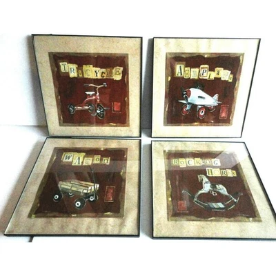 Arte enmarcado para niños habitación de niños avión caballo mecedor vagón rojo triciclo guardería Foto 1 de 4