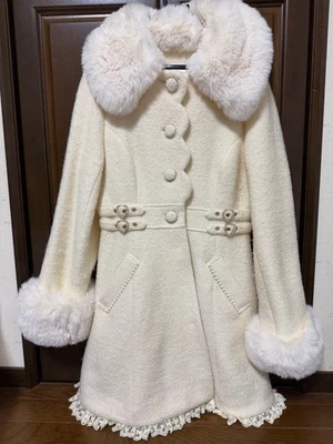 LIZ LISA Coat White Fur Bijou Ribbon Length A-Line With heart buckle Japan - Image 1 of 4