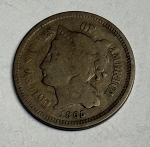 Toned 1865 Three Cent Nickel U.S. 3c Type Coin - Picture 1 of 2
