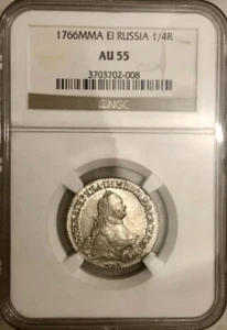 RUSSIA EMPIRE SILVER  1/4 ROUBLE 1766 MMD EI 25 KOPEKS NGC AU55 POLUPOLTINNIK - Picture 1 of 4