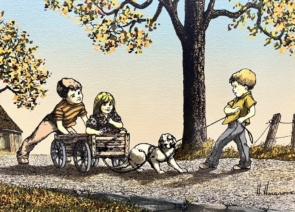 H Hargrove 3 niños con cachorro tirando de un vagón 12 X 16 lona estirada solamente Foto 1 de 4