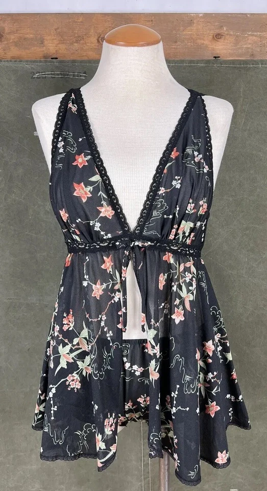 Lencería Vintage Dos Piezas Miss Elaine Negro Estampado Floral Babydoll Bragas Años 70  Foto 1 de 4