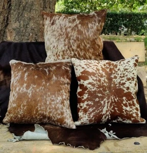 Set of 3 Real Cowhide Leather Hair-on Cushion Covers Organic Leather Home Decor - Picture 1 of 9