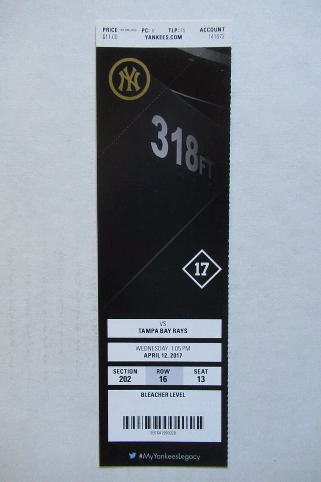 Boleto completo New York Yankees vs Tampa Bay Rays 12/04/2017 ~ Aaron Judge HR Foto 1 de 1