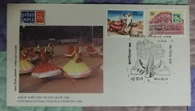 India 1986 INPEX Philatelic Exhibition Hawa Mahal Camel Post Office  Desert FDC - Image 1 of 2