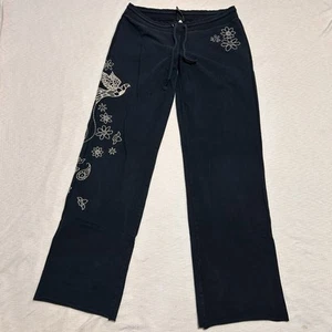 Vintage Lucky Brand Y2K Sweatpants Women’s Size M Floral Embroidered Black Boho - Picture 1 of 8