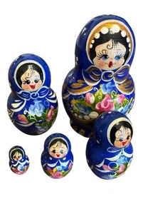 Vintage Hand-Painted Wooden Russian Nesting Dolls Set Of 5 Blue Floral - Picture 1 of 6
