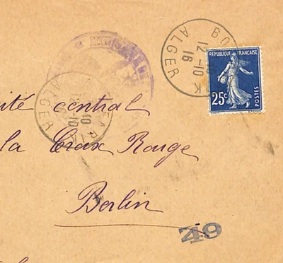 ALGERIA WW1 Cover France 25c Sower Used *BOUFARIK* 1916 RED CROSS Berlin WX130 - Image 1 of 4