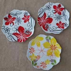 3 Pier 1 Imports Floral überbackene Porzellan Vorspeise Teller 5 3/4" rot gelb + - Bild 1 von 10