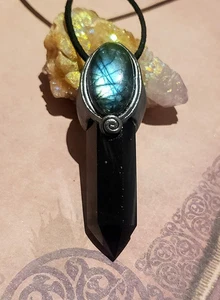 The Shield Energy Protection Jewelry. Obsidian Labradorite Pendant Necklace - Picture 1 of 3