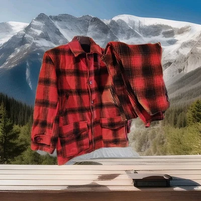 (BR1) Authentic Vtg Wool Red Plaid Hunting Coat & Pants JC Higgins Sears Roebuck - Image 1 of 4