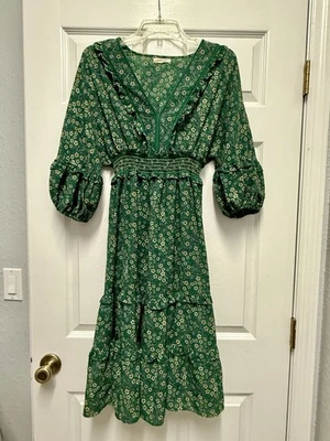 Vestido Max Studio Verde Floral Midi Manga 3/4 Boho Cottagecore Vestido Cuello en V S Foto 1 de 4