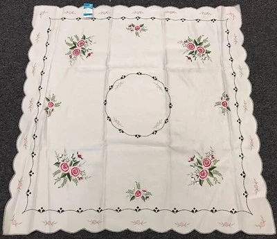 Polyester Cutwork Embroidered Red Rose 42x42" Square Embroidery Tablecloth - Image 1 of 4