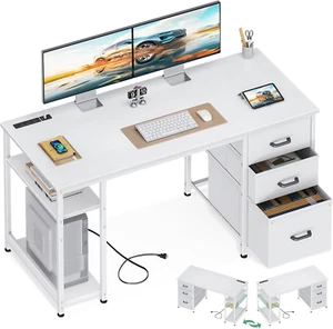 51 Inch Computer Desk with Fabric Drawers & USB Power Outlets- Reversible Home O - Picture 1 of 7