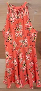 Juniors Lattice Sleeveless Spring Dress Red Pink Floral High Neck Knee Length XL - Picture 1 of 7