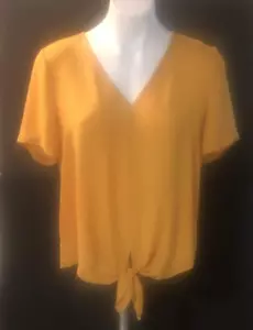 Madewell Womens Top Medium Mustard Yellow Bow Tie Front V Neck Orange M EUC SS - Picture 1 of 5