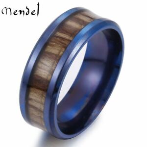 MENDEL Blue Mens Wooden Wood Inlay Ring For Men Women Stainless Steel Size 6-13