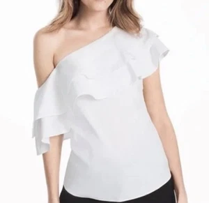 White House Black Market White One Shoulder Flounce Top Size 14 - Picture 1 of 9