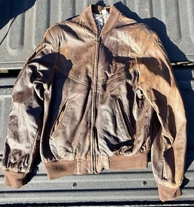 Vintage Brown Aged Faded Leather Bomber Jacket Scotland Ireland Print Size M - Bild 1 von 14