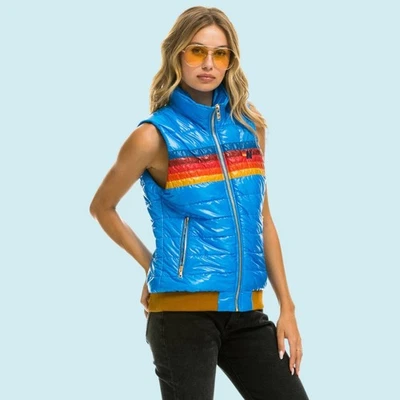 Aviator Nation 5-Stripe Vest Women's Large Glossy Blue Full Zip Sunburst $398 - Image 1 of 4