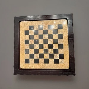 VTG MCM Marble Stone Chess / Checker Board Only W/ Black Carved Wooden Frame - Picture 1 of 7