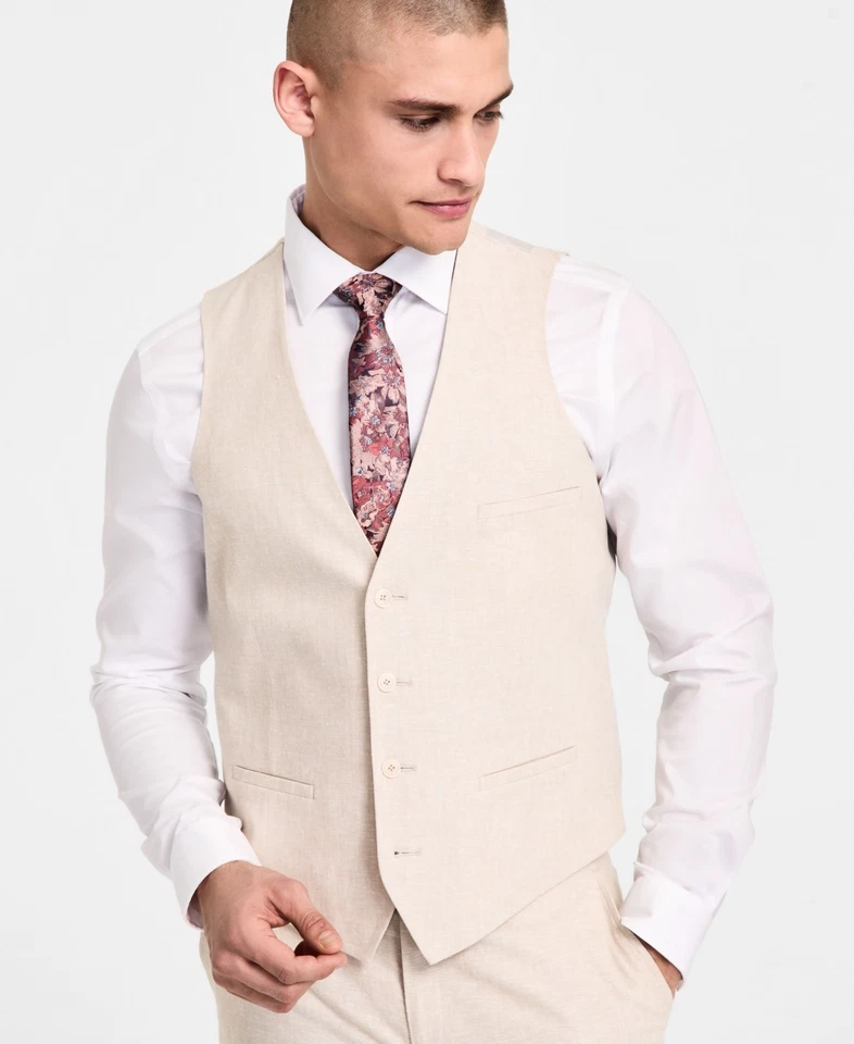 Bar Iii Mens Slim fit Button-Up Suit Vest Large Beige Solid - Image 1 of 2