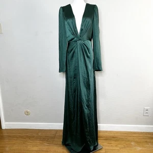 Maxi Vestido LULUS Enderable Elegancia Verde Esmeralda Satinado Manga Larga Talla Pequeña - Imagen 1 de 9