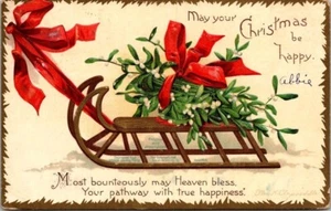 Christmas Be Happy Sled, Embossed Ellen Clapsaddle Signed Postcard 1907 ILLinois - Picture 1 of 2