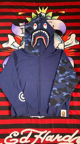A BATHING APE (BAPE) Felpa con cappuccio e zip intera BAPE Giant 1ST mimetica squalo vestibilità ampia blu taglia XL
