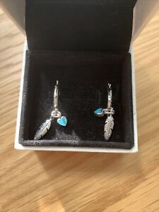 Genuine S925 Sterling Silver Turquoise Hearts & Feather Hoop Earrings Gift Pouch