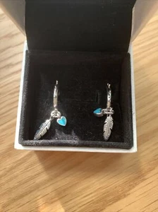 Genuine S925 Sterling Silver Turquoise Hearts & Feather Hoop Earrings Gift Pouch - Picture 1 of 2