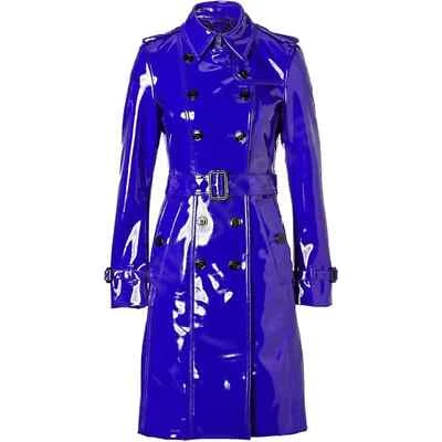 Women Trench Vinyl Shiny Gothic Coat PVC Emo Top quality Blue Faux Leather Coat - Image 1 of 4