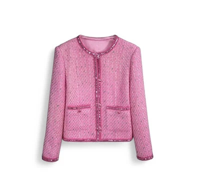 Handmade Tweed Boucle Pink Jacket With Sequin Trim Size S,M,L,XL Foto 1 de 4