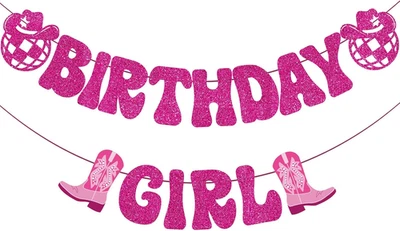 Banner de aniversário feminino discoteca rosa quente cowgirl, banner retangular padrão, 6 - Imagem 1 de 4