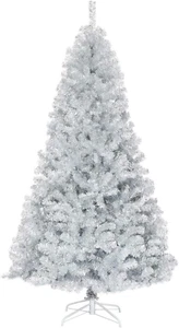 7.5 FT Artificial Christmas Tree Hinged with 1258 Branch Tips, Silver Tinsel Chr - Picture 1 of 9