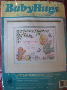 SUNSET Vintage HAPPY BABY Baby Birth Record CROSS STITCH KIT - 1990's - Picture 1 of 2
