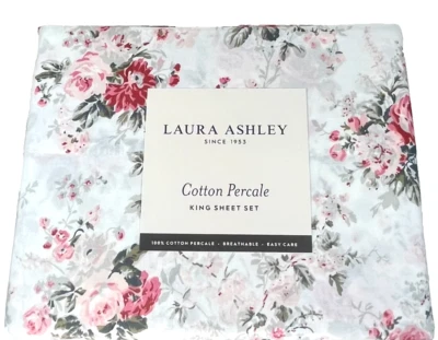 King Sheet Set Crisp Cool Cotton Percale Laura Ashley Pink Peach Red Ashfield - Image 1 of 4