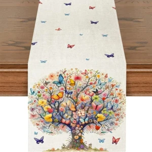 Tischläufer Schmetterlingsdesign Bunt Sommer-Blumen Baum 33x121cm Leinen-Optik - Bild 1 von 5