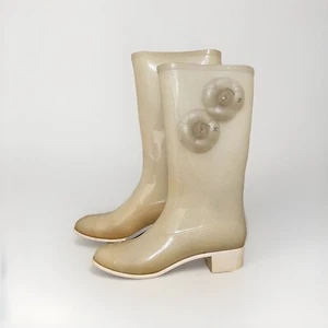 Chanel Camellia Size 8.5 US (39 EU) Cream Sparkle White Rubber Rain Boots Mid - Picture 1 of 7