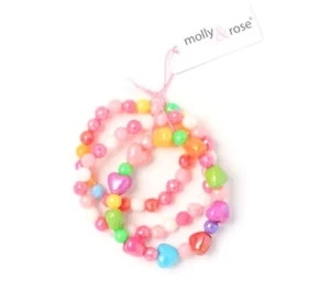 Childrens Girls Kids 3 Pack Bright Heart and Bead 4.5cm Stretch Bracelets Pink - Picture 1 of 3