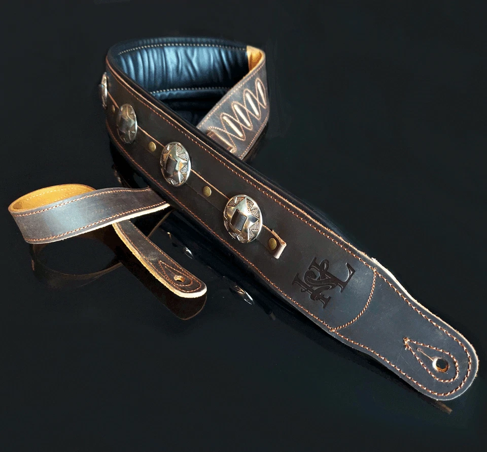 Iconic Premium Conchos 3.25" Wide Leather Padded Brown Guitar or Bass Strap - Image 1 of 4