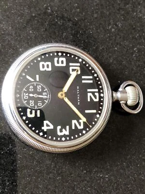 Reloj Bolsillo Militar Waltham 1942 Cuerda Manual 9Jewels 51mm Esfera Negra 8/10 Foto 1 de 4
