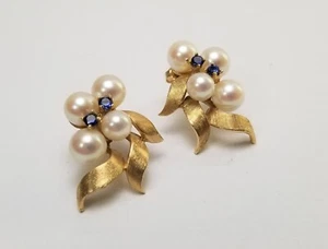 14K Pearl Sapphire Bow Earrings - Picture 1 of 5