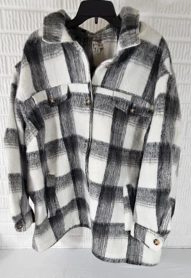 Chaqueta forrada con botones Wonderly Women 4X de franela a cuadros difusa negra marfil nueva con etiquetas Foto 1 de 4