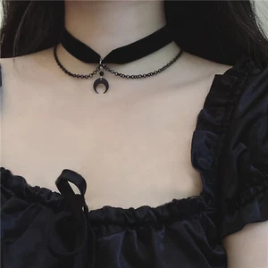 Adjustable Black Choker Necklace Leather Pearl Velvet Choker Gothic Collar Chain - Picture 1 of 29