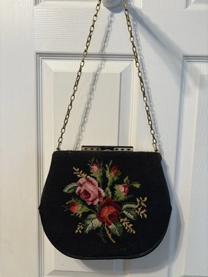 Vintage Floral Black Needlepoint Purse   Brass Chain   12” X 10” - Image 1 of 4